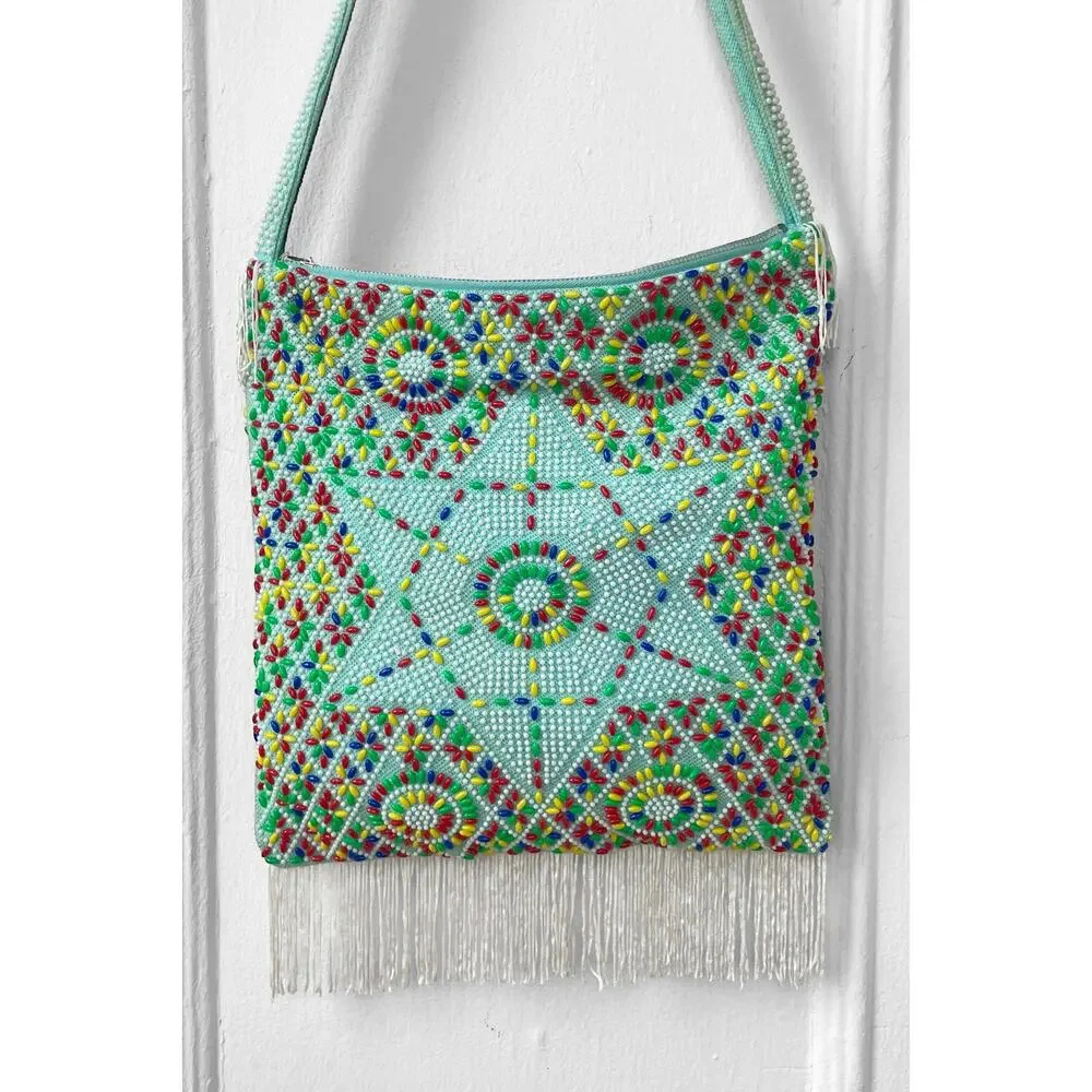 Vintage 60s Boho Star Embellished Fringe Bag Beaded CrossBody Retro Boho Tote